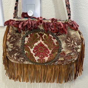 Fringed Boho Shoulder Bag in Rust, Olive & Cream
